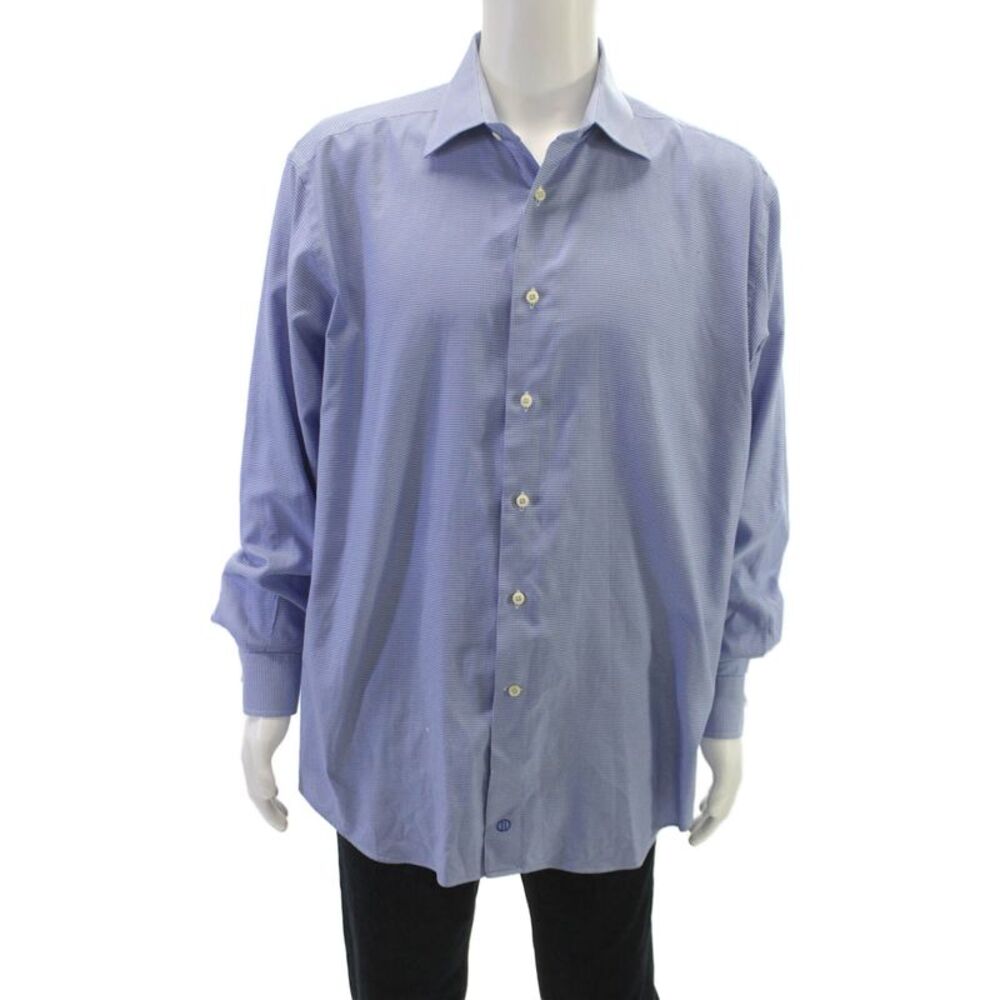 David Donahue Mens Cotton Mini Houndstooth Print Button Down Shirt Blue Size 35